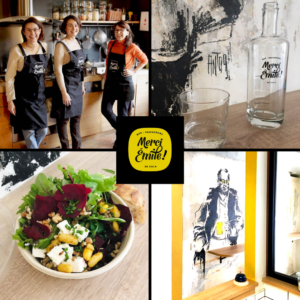 Montage de 4 photos du restaurant Merci Emile avec son logo au centre