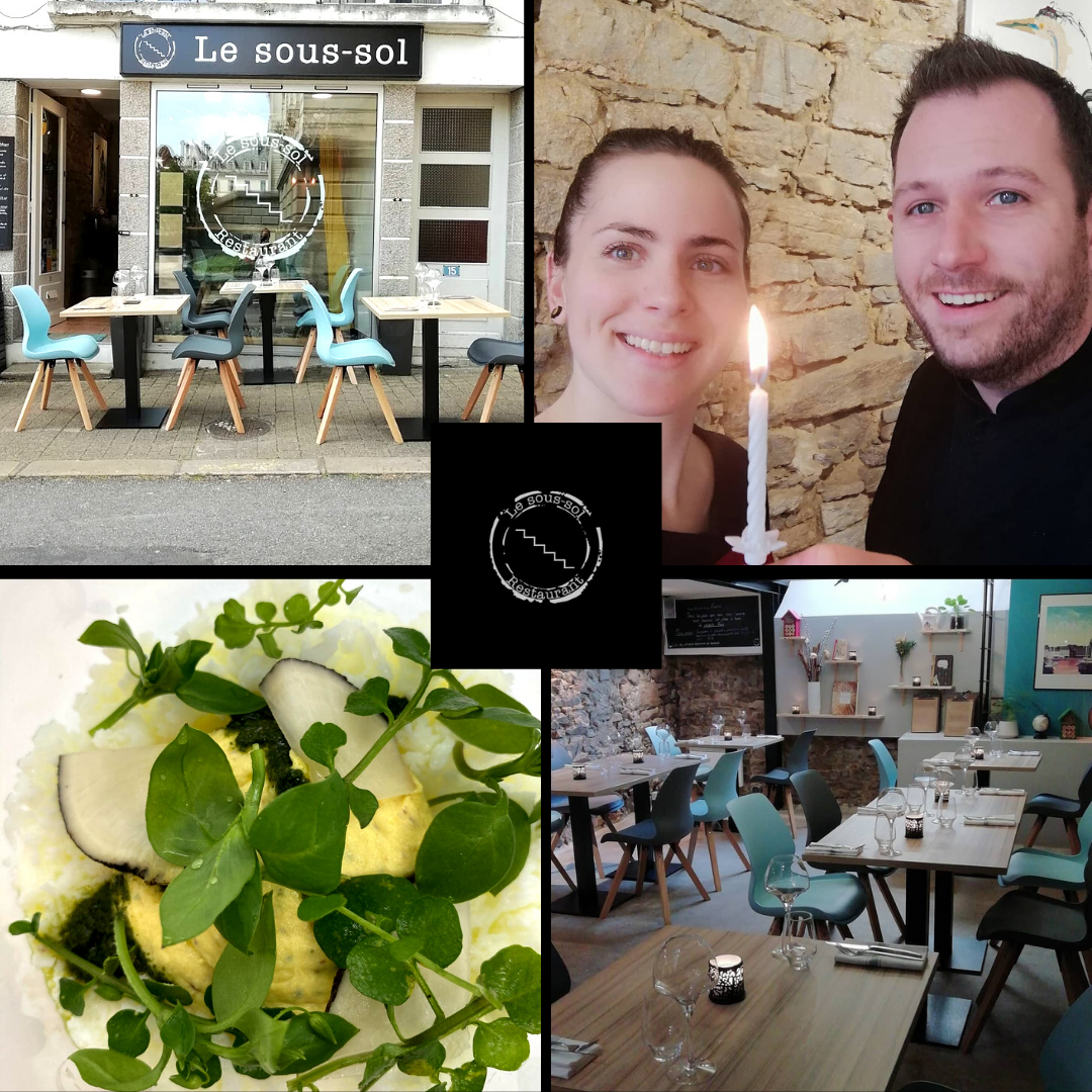 Quatre photos du restaurant le Sous-sol avec le logo du restaurant au centre